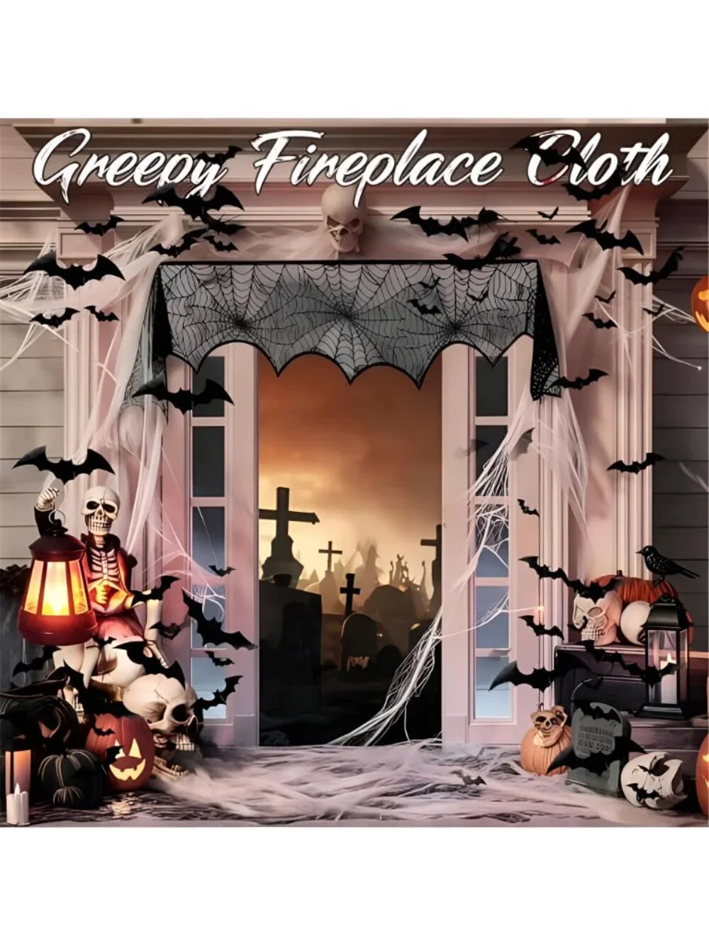 61 Pcs Halloween Mantel Decor Set, with Spiderweb Cover and Bat Stickers